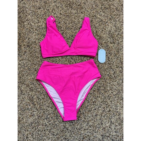 Womens High Waisted Bikini Set Two Piece Cheeky Hot Pink‎ Swimsuit S - Picture 2 of 10